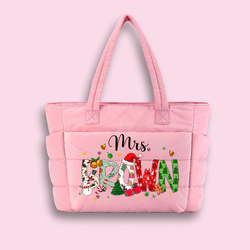 Personalized Name Christmas Atmosphere Teacher Puffy Tote Bag