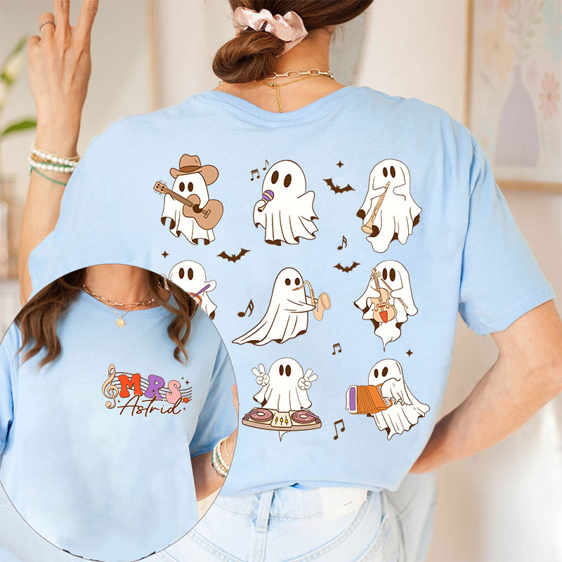 Personalized Name Ghost Music Teacher Two Sided T-Shirt