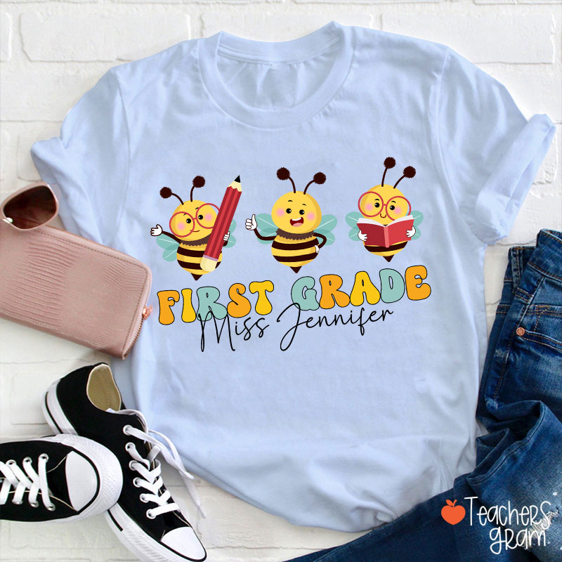 Personalized Cute Bee Name And Grade Teacher T-Shirt