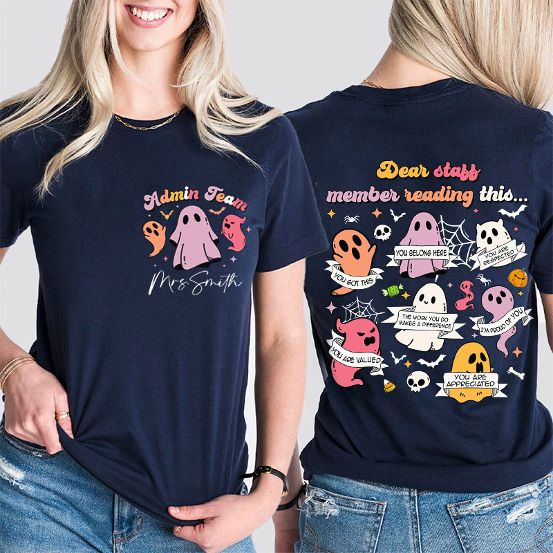 Personalized Name Admin Team SLP Halloween Teacher Two Sided T-Shirt