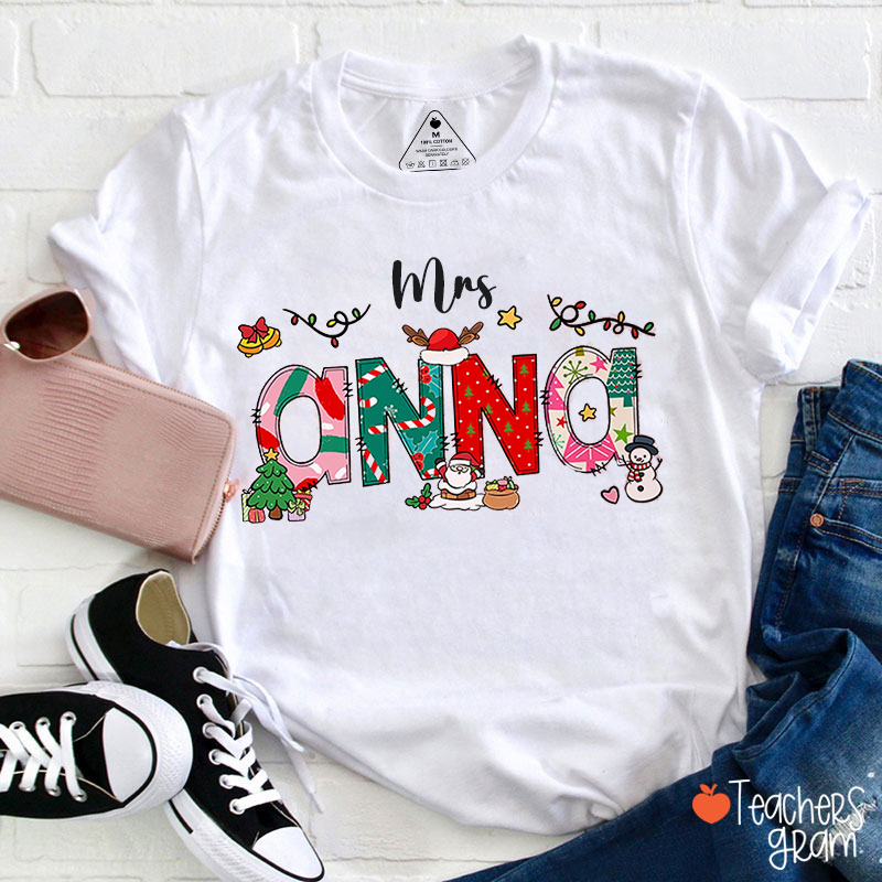 Personalized Name Cute Christmas Icon Teacher T-Shirt