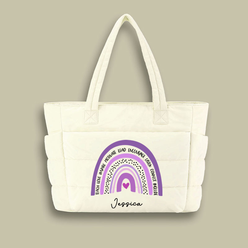 Personalized Purple Rainbow Teacher Puffy Tote Bag