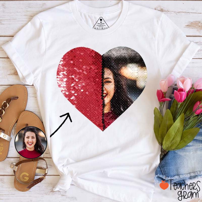 Personalized Flip Sequin Heart Teacher T-Shirt