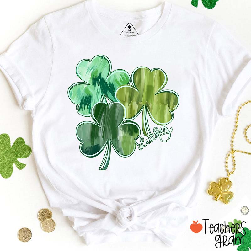 Watercolor Lucky Shamrock Teacher T-Shirt