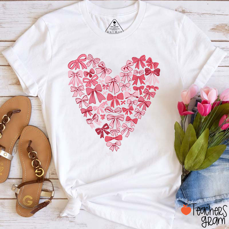 Pink Bow Heart Teacher T-Shirt