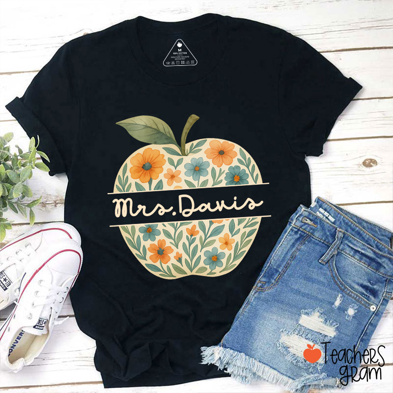 Personalized Name Vintage Floral Apple Teacher T-Shirt