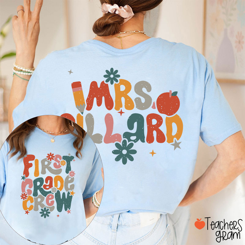 Personalized Name And Grade Bloom Flowers Teacher Two Sided T-Shirt