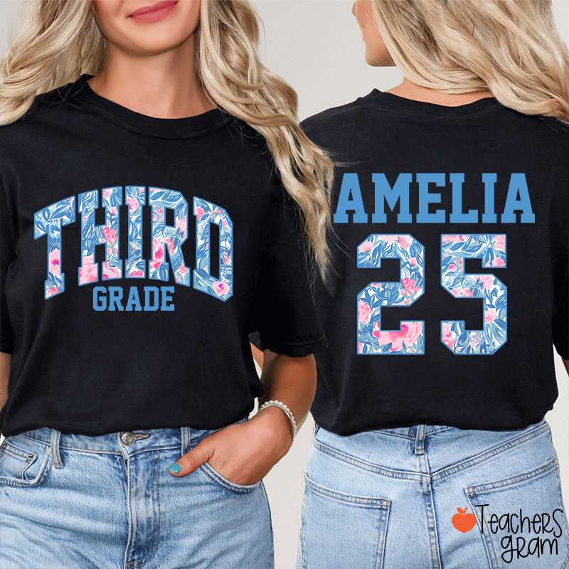 Personalized Flower And Leaf Pattern Text And Numbers Teacher Two Sided T-Shirt