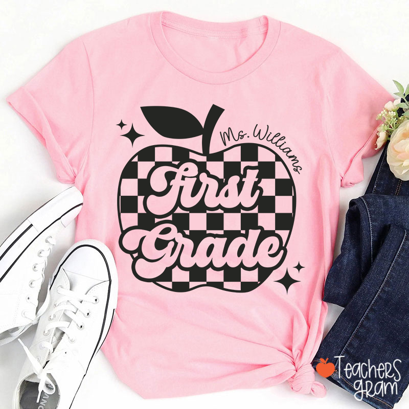 Personalized Black And White Checkerboard Apple And Name Teacher T-Shirt