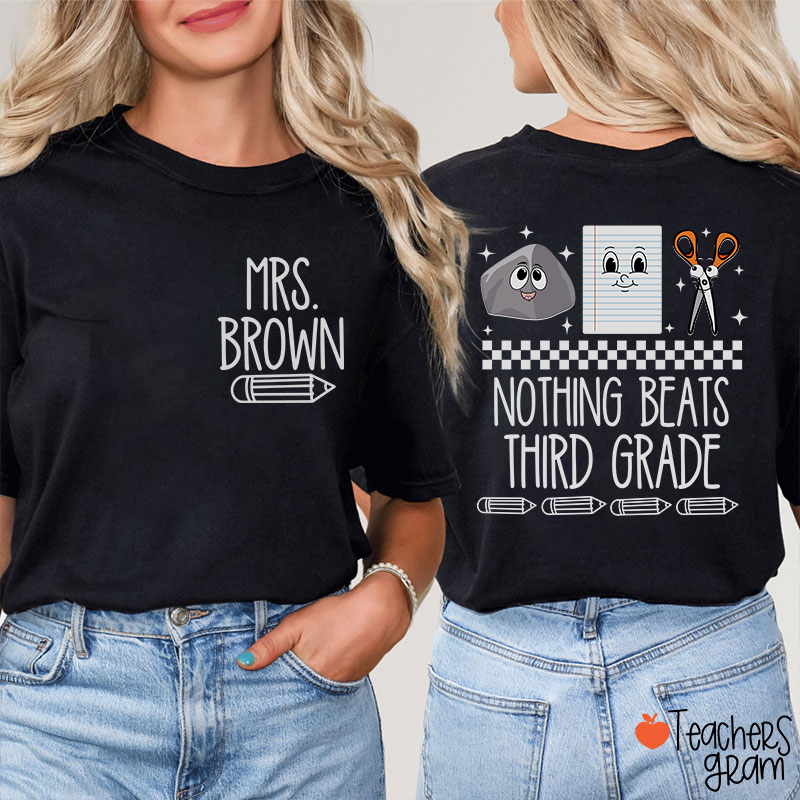 Personalized Grade Name Pencil Rock Checkerboard Notebook Scissors Teacher Two Sided T-Shirt