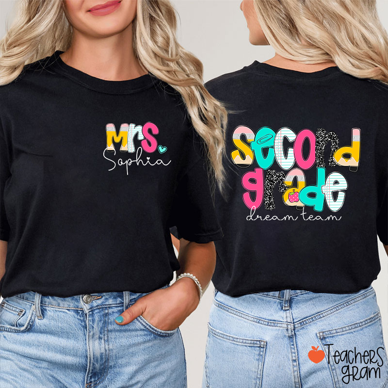 Personalized Grade And Name Pencil Notebook Teacher Two Sided T-Shirt