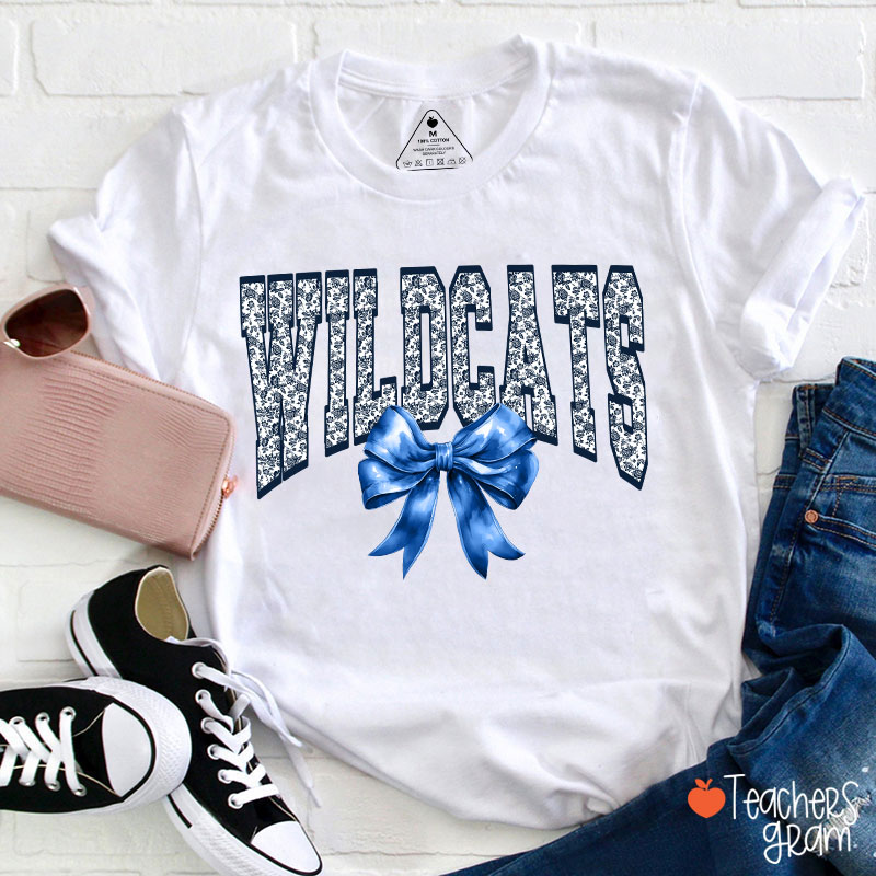 Personalized Mascot Toile Floral Coquette Bow Teacher T-Shirt