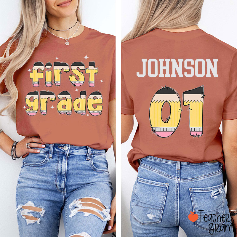 Personalized Pencil Pattern Letters And Numbers Teacher Two Sided T-Shirt