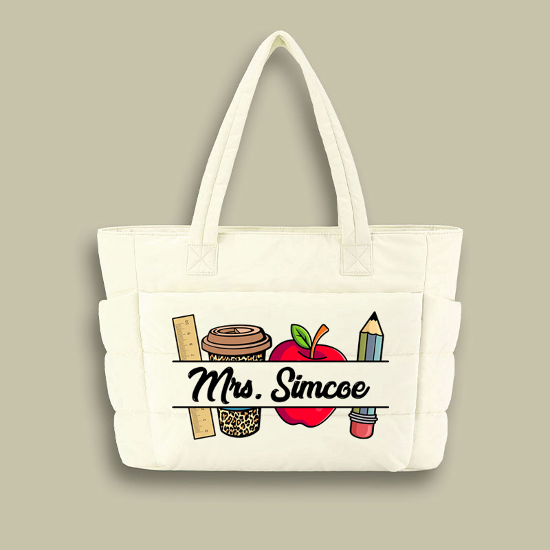 Personalized Pink Rainbow It Takes A Big Heart To Shape Little Minds Teacher Puffy Tote Bag