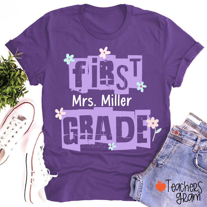 Personalized Grade Name Hollow Monochrome Flowers Teacher T-Shirt