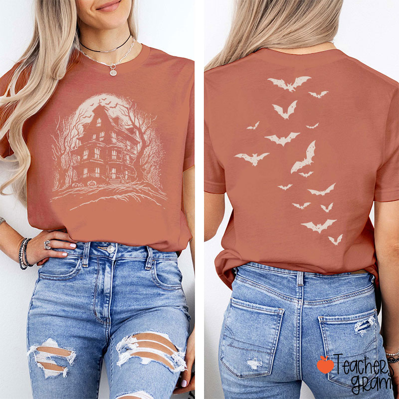 Vintage Haunted House Spooky Season Teacher Two Sided T-Shirt