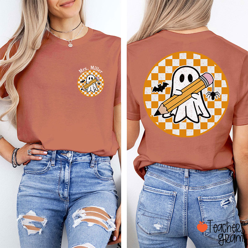 Personalized Name Circle Checkered Ghost Teacher Two Sided T-Shirt