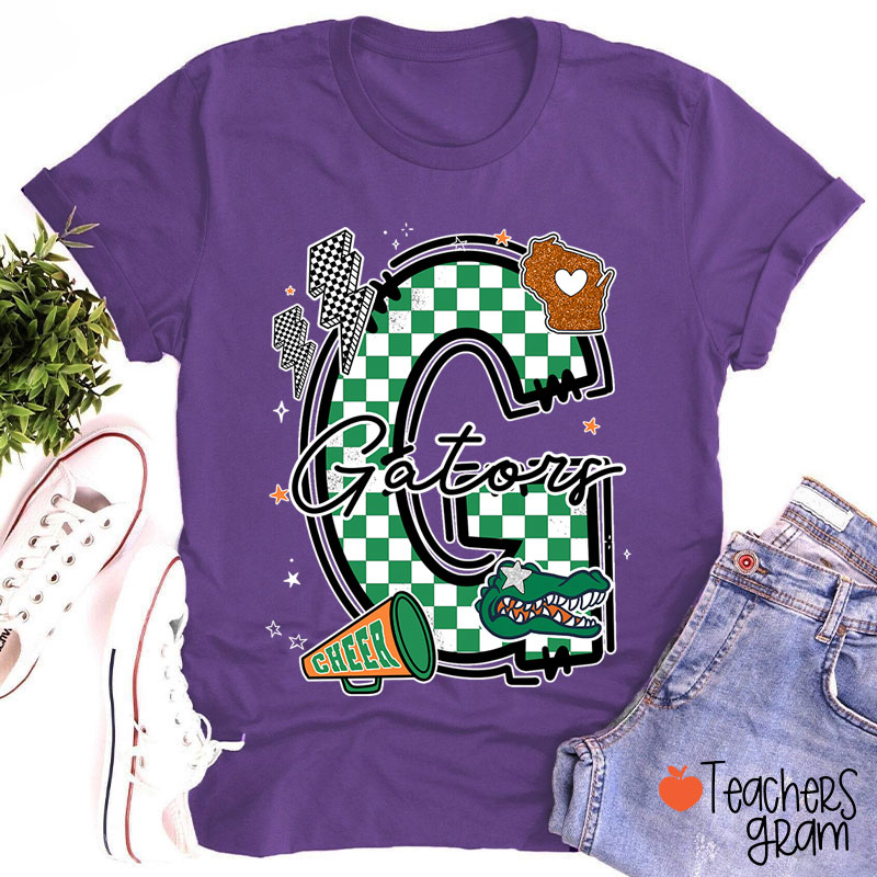 Personalized Mascot Initials Checkered School Spirit Teacher T-Shirt