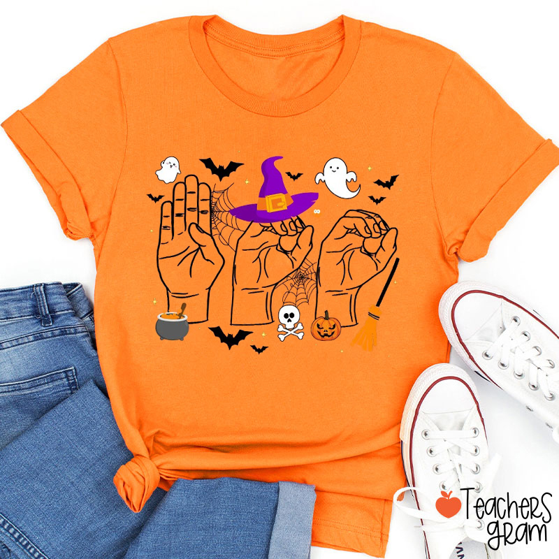 Halloween Hand Signs With Spooky Teacher T-Shirt