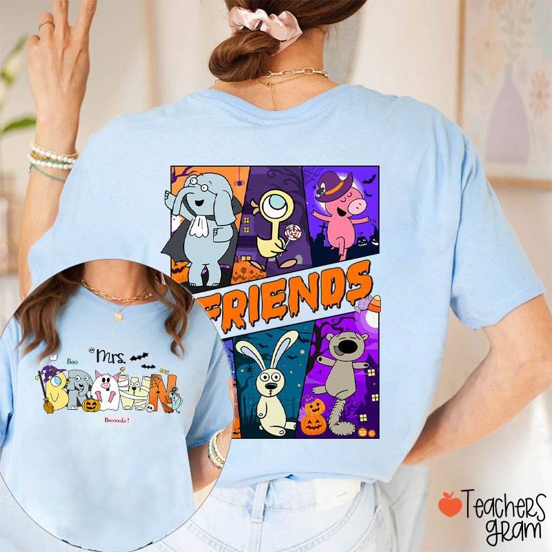 Personalized Name Boo Booooks Friends Teacher Two Sided T-Shirt