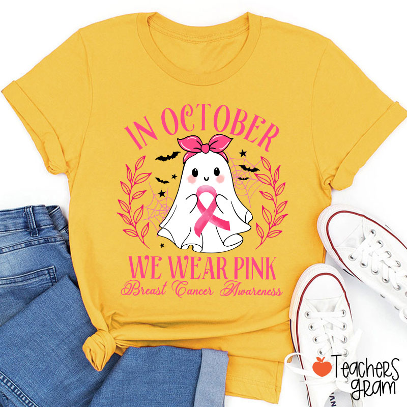 Halloween Ghost Breast Cancer Awareness Teacher T-Shirt