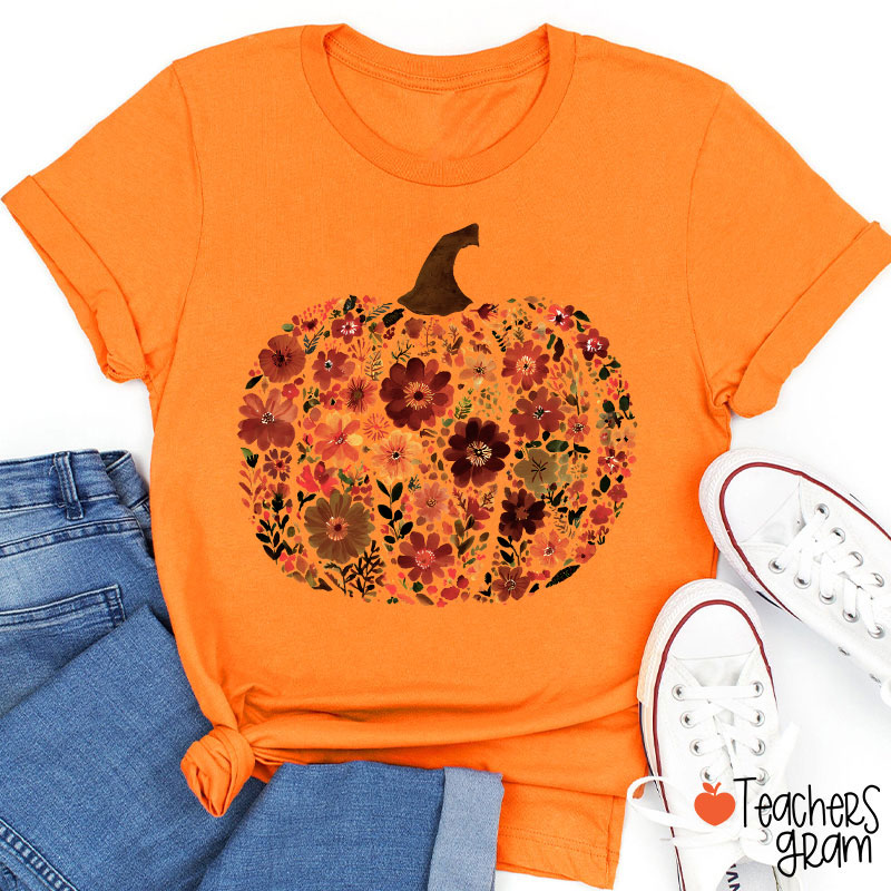 Pumpkin Orange Flowers Grass Teacher T-Shirt