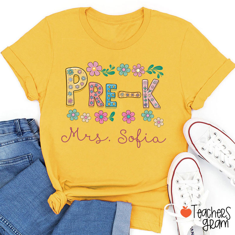 Personalized Name And Grade Flowers Fonts Teacher T-Shirt