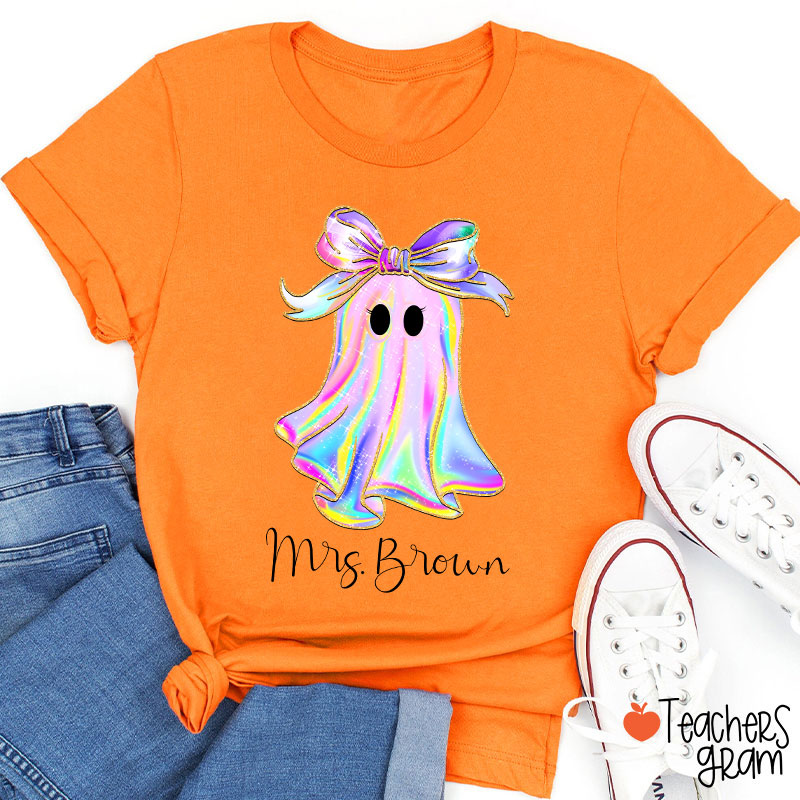 Personalized Name Colorful Neon Bow Ghost Teacher T-Shirt