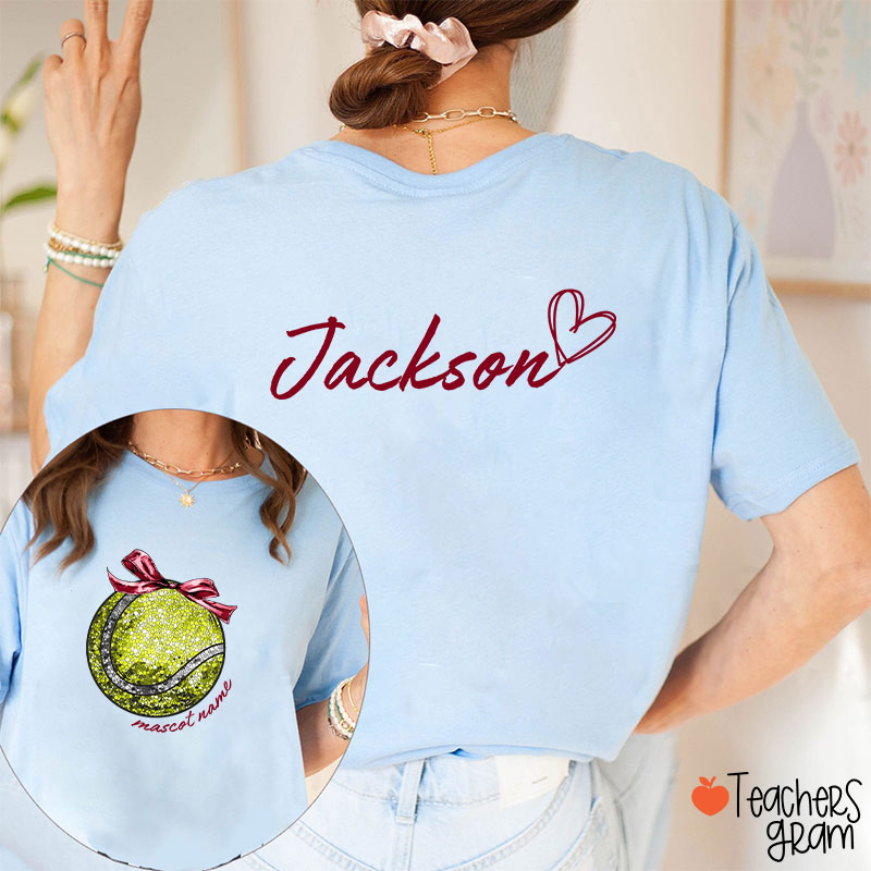 Personalized Mascot And Sport Faux Glitter Coquette Bow Teacher Two Sided T-Shirt