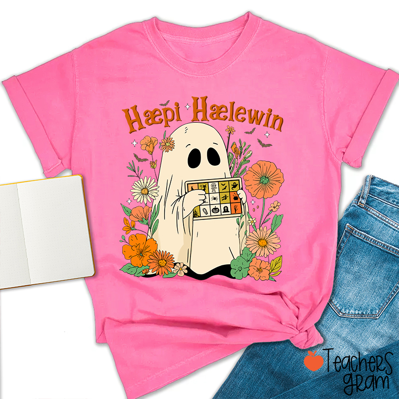 Happy Halloween Ghost With Floral Teacher T-Shirt
