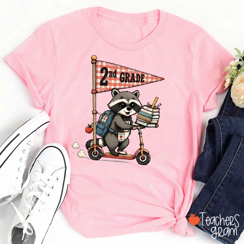 Personalized Grade Name Raccoon Scooter Pennant Teacher T-Shirt