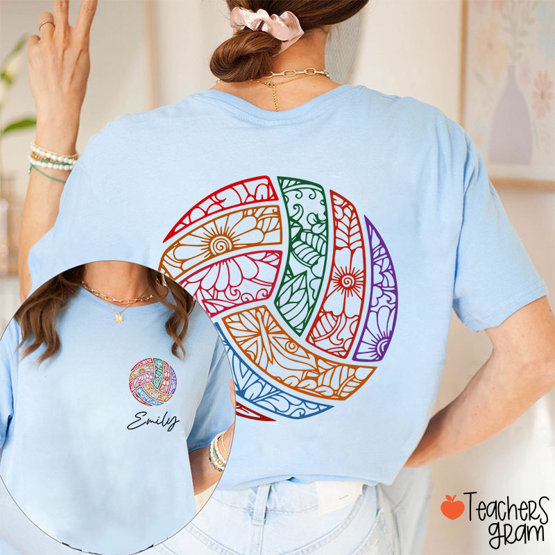 Personalized Name Floral Volleyball Game Day Teacher Two Sided T-Shirt