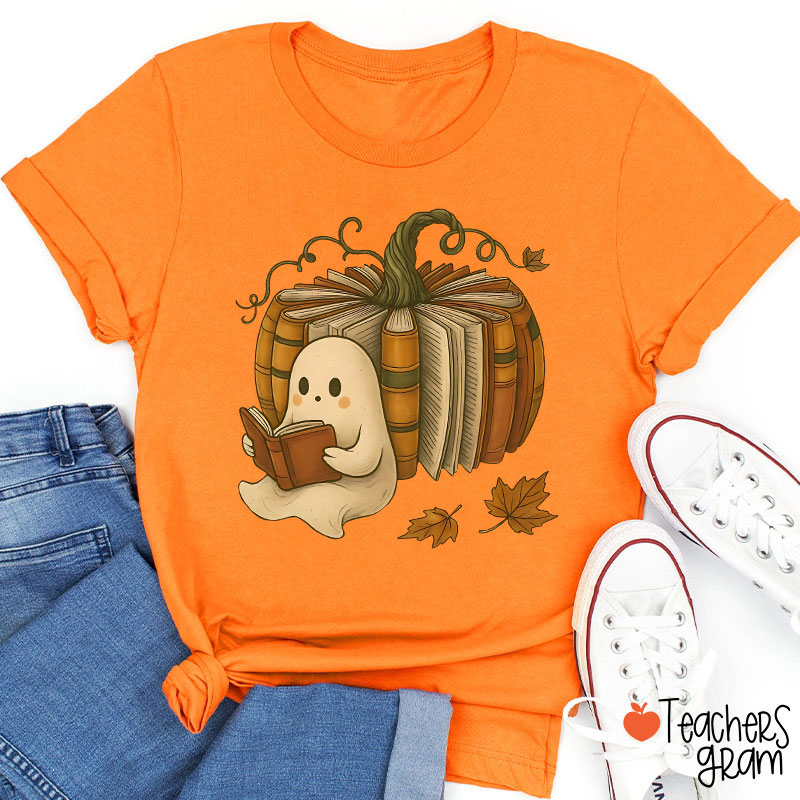 Ghost Reading Book Pumpkin Teacher T-Shirt