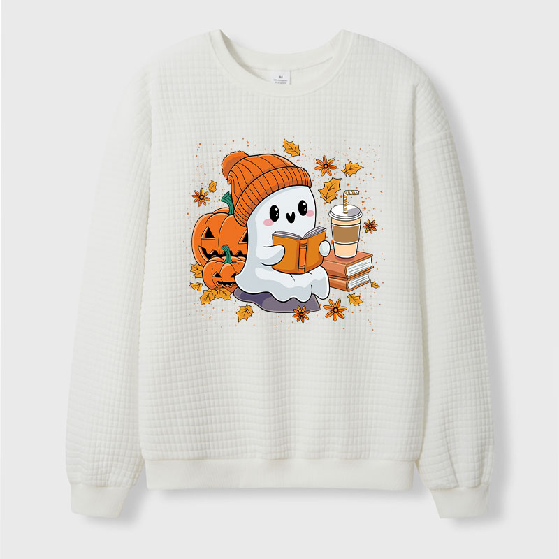 Reading Ghost Pumpkin Halloween Teacher Waffle Knit Sweatshirt