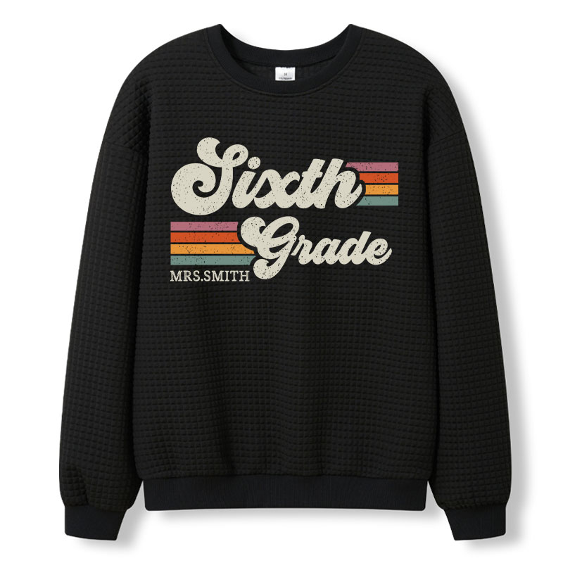Personalized Grade And Name Retro Horizontal Stripes Teacher Waffle Knit Sweatshirt