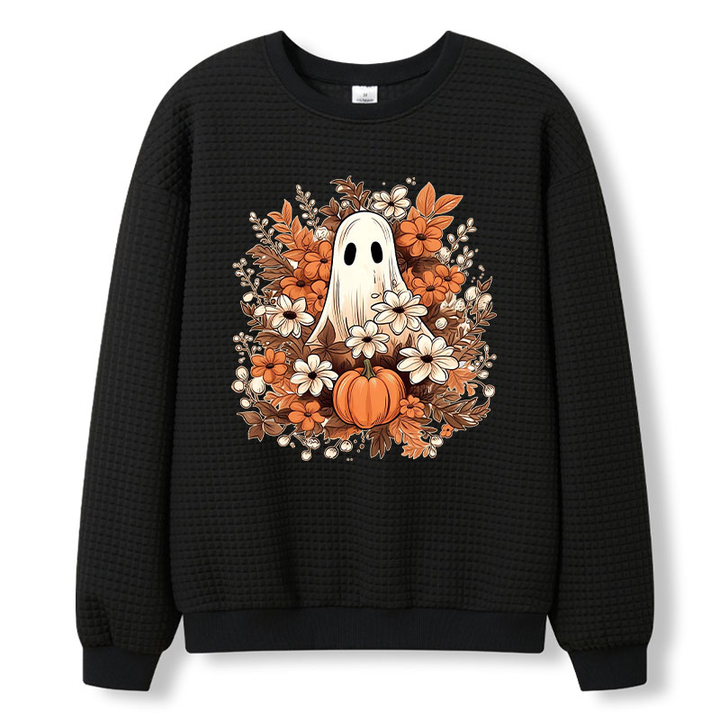 Fall Ghost Halloween Teacher Waffle Knit Sweatshirt