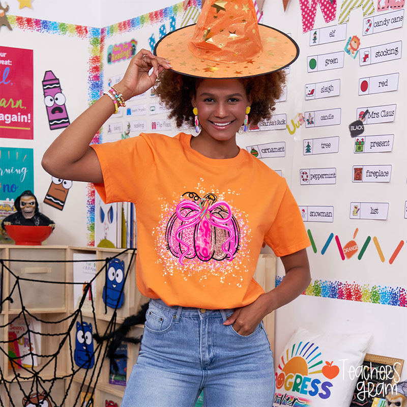 Pumpkin Theme Pink Ribbon Teacher T-Shirt