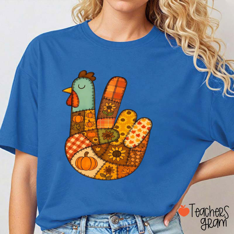 Retro Patchwork Turkey Teacher T-Shirt