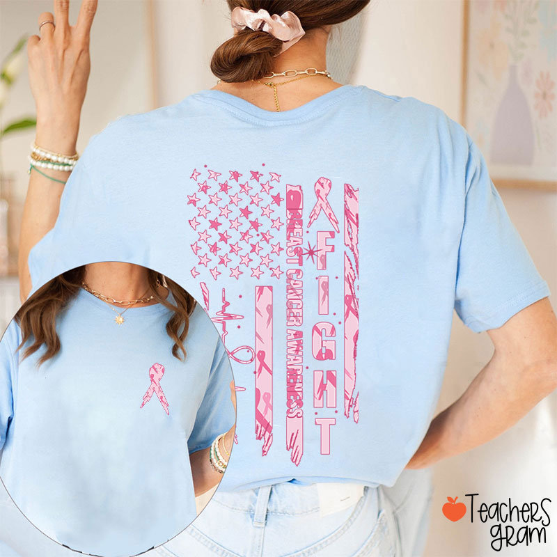 Pink Ribbon Fight Breast Cancer Awareness Teacher Two Sided T-Shirt