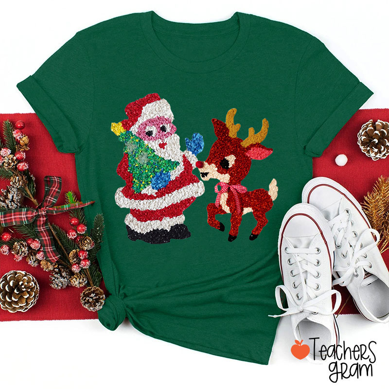 Santa And Rudolph Faux Melted Plastic Teacher T-Shirt