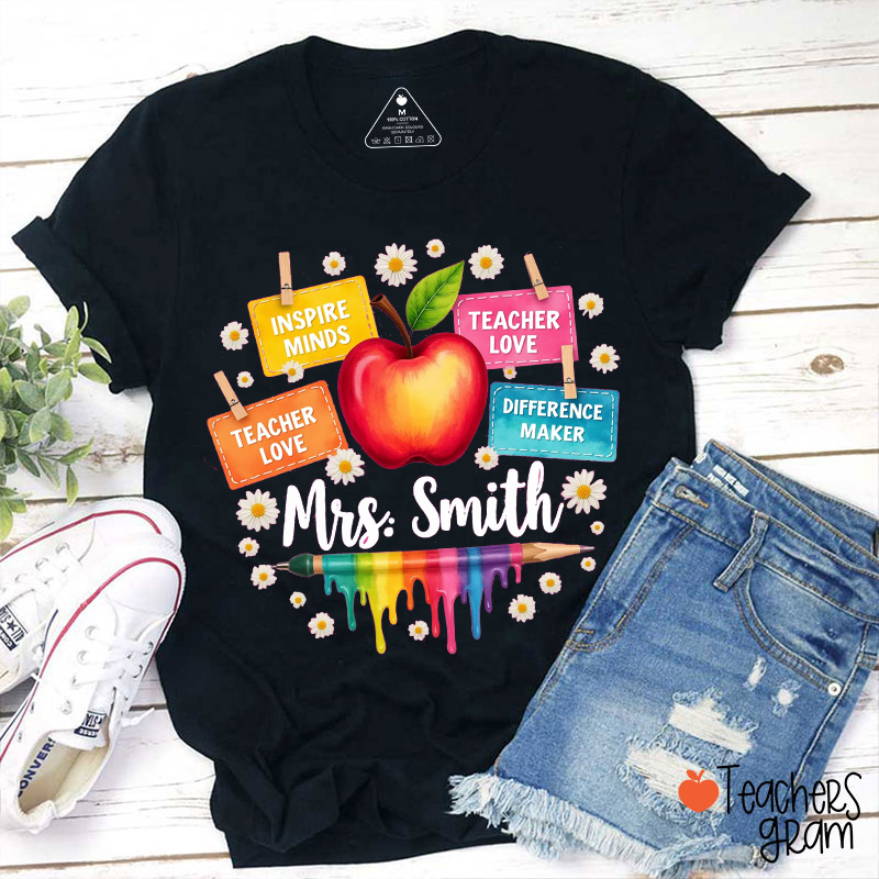 Personalized Name Apple Pencil Paint Color Daisy Teacher T-Shirt