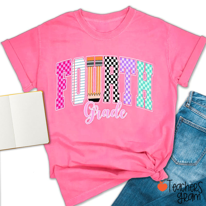 Personalized Grade Or Text Checkered Notebook Pencil Fonts Teacher T-Shirt