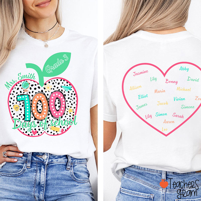 Personalized Apple Happy 100th Day Of School Teacher Two Sided T-Shirt