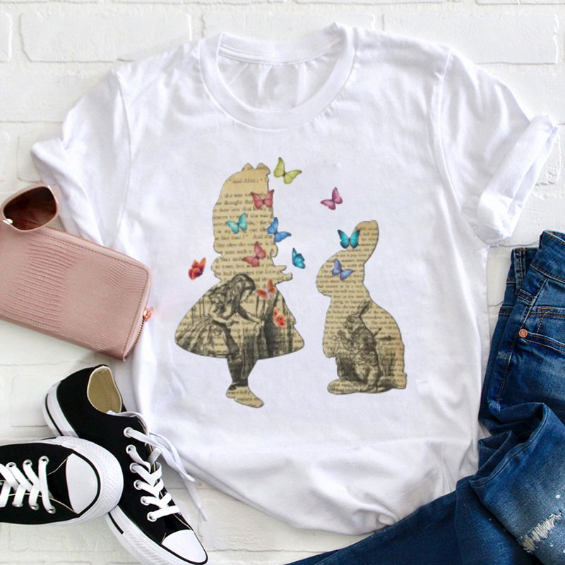 Retro Style Wonderland Butterfly And Bunny Teacher T-Shirt
