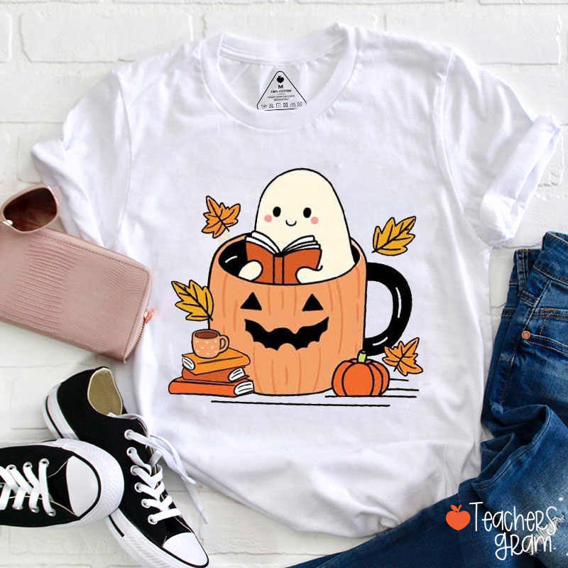 Pumpkin Water Cup Reading Ghost Teacher T-Shirt