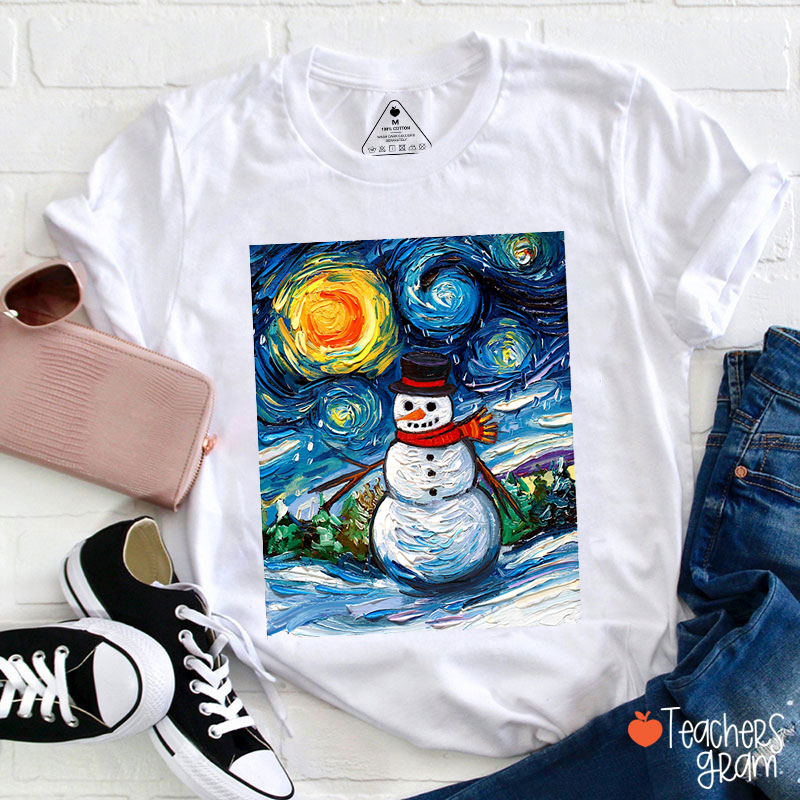 Van Gogh Starry Snowman Christmas Teacher T-Shirt