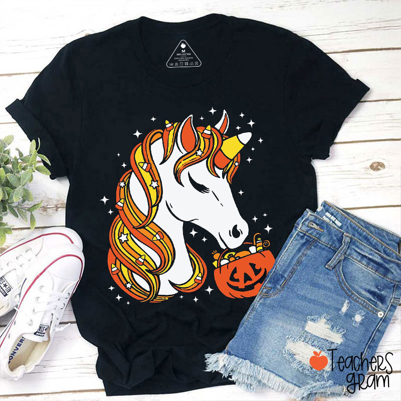 Cute Candy Corn Unicorn Halloween Teacher T-Shirt