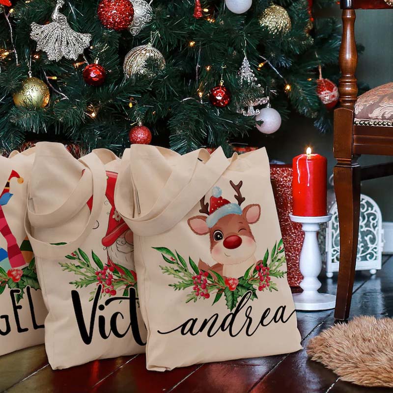 Personalized Christmas Santa Snowman Penguin Reindeer Tree Teacher Tote Bag