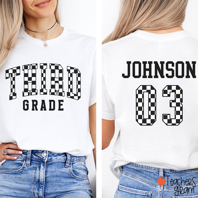 Personalized Grade Name Number Checkerboard Teacher Two Sided T-Shirt