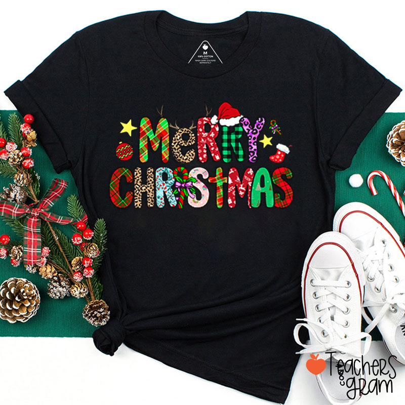 Merry Christmas In Leopard Plaid Letters Teacher T-Shirt